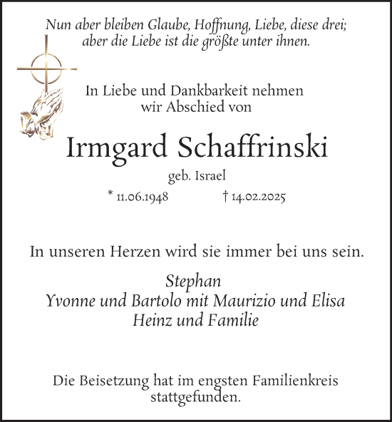 Traueranzeige von Irmgard Schaffrinski von Tageszeitung