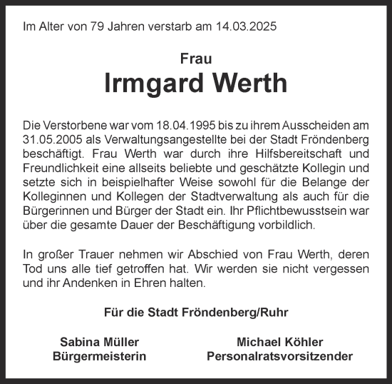 Traueranzeige von Irmgard Werth von Tageszeitung