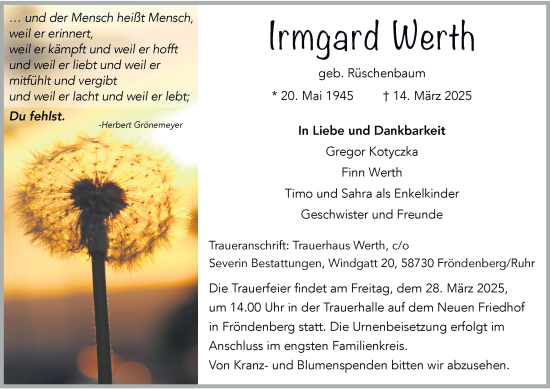 Traueranzeige von Irmgard Werth von Tageszeitung