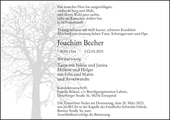 Traueranzeige von Joachim Becher von Tageszeitung