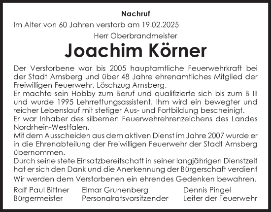 Traueranzeige von Joachim Körner von Tageszeitung
