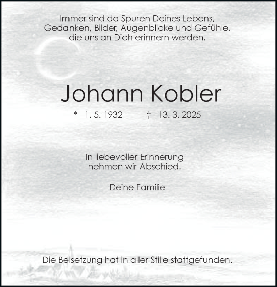 Traueranzeige von Johann Kobler von Tageszeitung