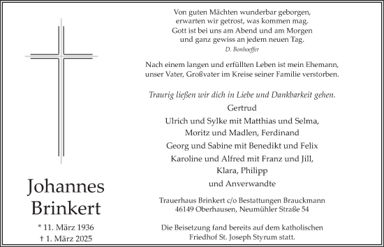 Traueranzeige von Johannes Brinkert von Tageszeitung