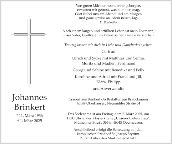 Traueranzeige von Johannes Brinkert von Tageszeitung