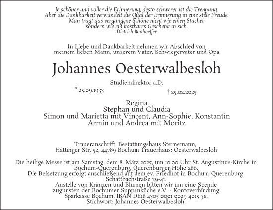 Traueranzeige von Johannes Oesterwalbesloh von Tageszeitung