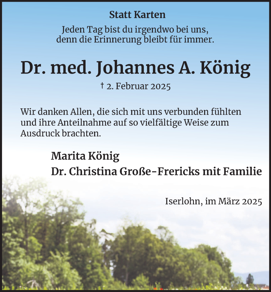  Traueranzeige für Johannes A. König vom 22.03.2025 aus Tageszeitung
