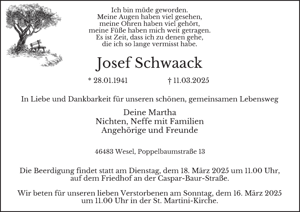 Traueranzeige für Josef Schwaack vom 14.03.2025 aus Tageszeitung