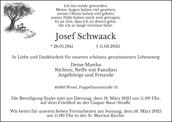 Traueranzeige von Josef Schwaack von Tageszeitung