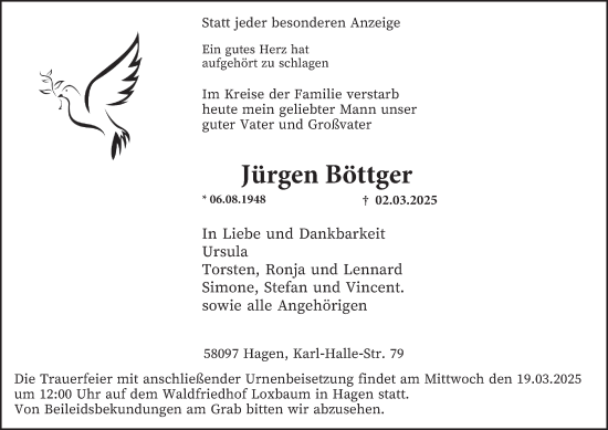 Traueranzeige von Jürgen Böttger von Tageszeitung