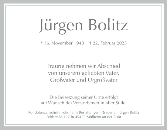 Traueranzeige von Jürgen Bolitz von Tageszeitung