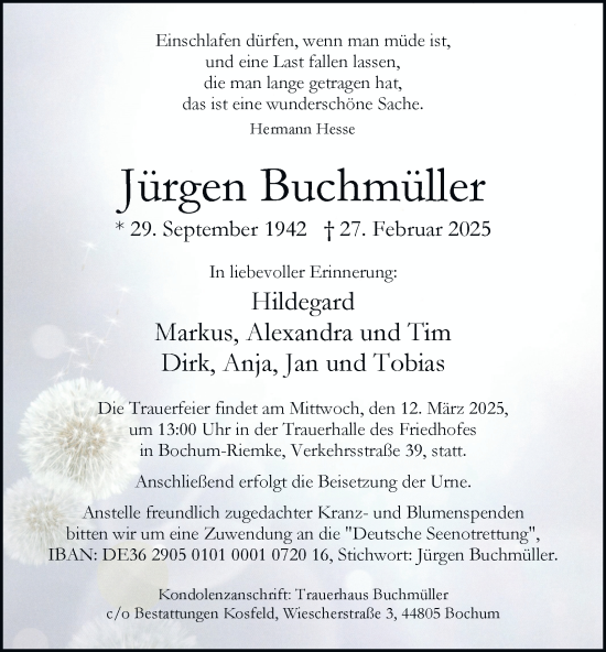 Traueranzeige von Jürgen Buchmüller von Tageszeitung
