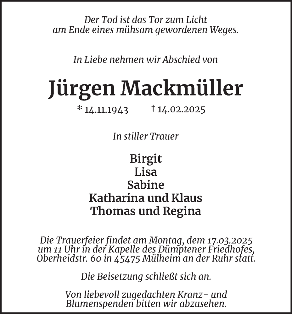  Traueranzeige für Jürgen Mackmüller vom 15.03.2025 aus Tageszeitung