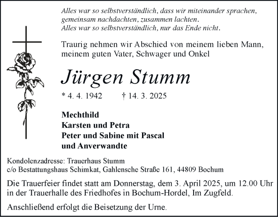Traueranzeige von Jürgen Stumm von Tageszeitung