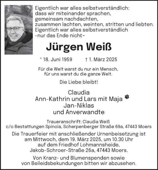 Traueranzeige von Jürgen Weiß von Tageszeitung