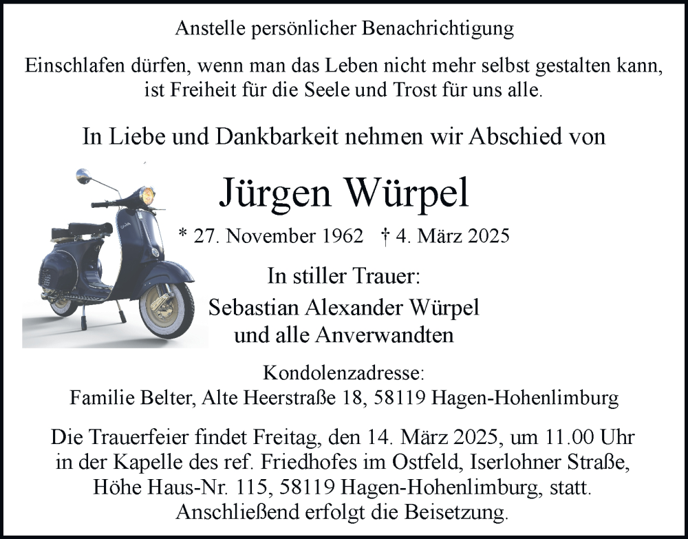  Traueranzeige für Jürgen Würpel vom 08.03.2025 aus Tageszeitung