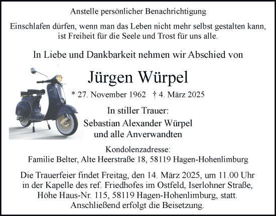 Traueranzeige von Jürgen Würpel von Tageszeitung