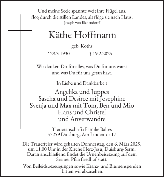 Traueranzeige von Käthe Hoffmann von Tageszeitung