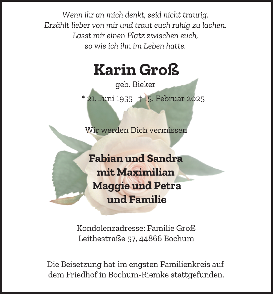  Traueranzeige für Karin Groß vom 01.03.2025 aus Tageszeitung