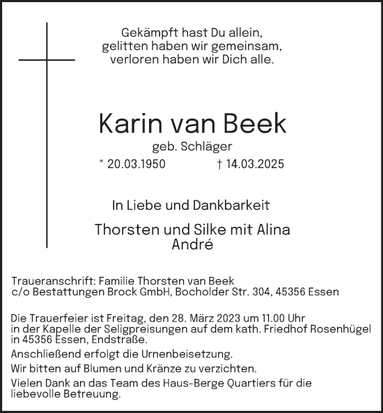 Traueranzeige von Karin van Beek von Tageszeitung