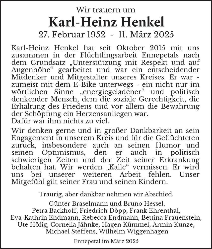  Traueranzeige für Karl-Heinz Henkel vom 15.03.2025 aus Tageszeitung