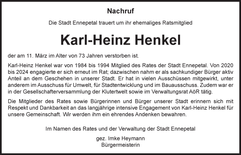  Traueranzeige für Karl-Heinz Henkel vom 19.03.2025 aus Tageszeitung