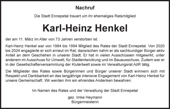 Traueranzeige von Karl-Heinz Henkel von Tageszeitung