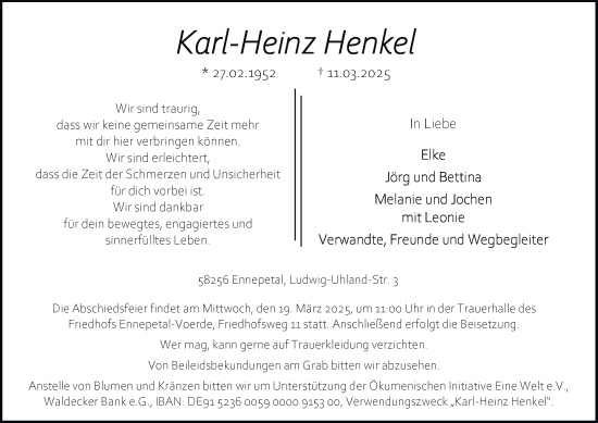 Traueranzeige von Karl-Heinz Henkel von Tageszeitung