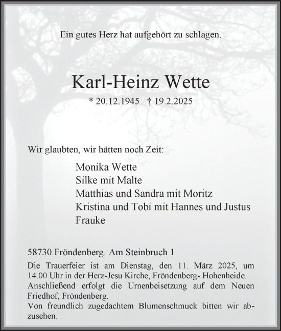 Traueranzeige von Karl-Heinz Wette von Tageszeitung