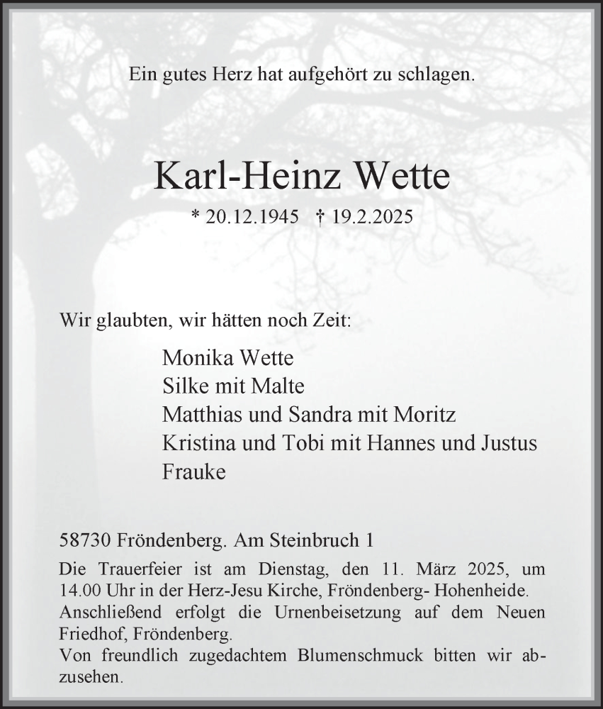  Traueranzeige für Karl-Heinz Wette vom 01.03.2025 aus Tageszeitung