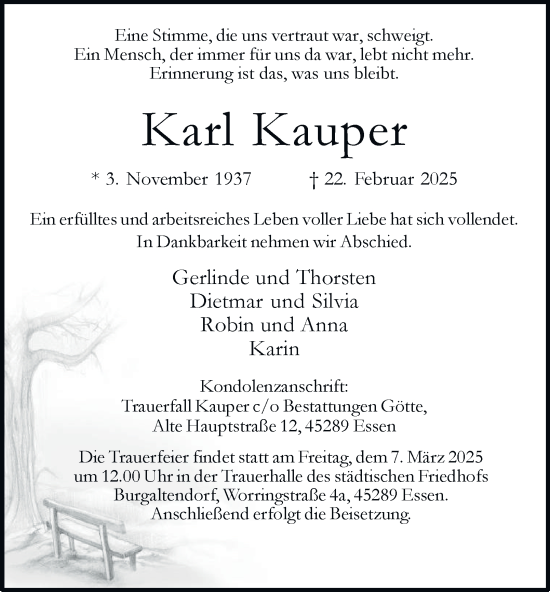 Traueranzeige von Karl Kauper von Tageszeitung