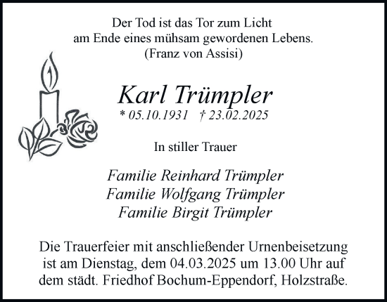 Traueranzeige von Karl Trümpler von Tageszeitung