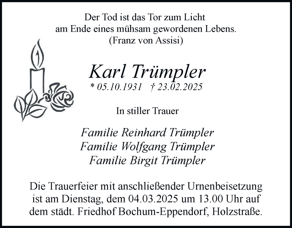  Traueranzeige für Karl Trümpler vom 01.03.2025 aus Tageszeitung