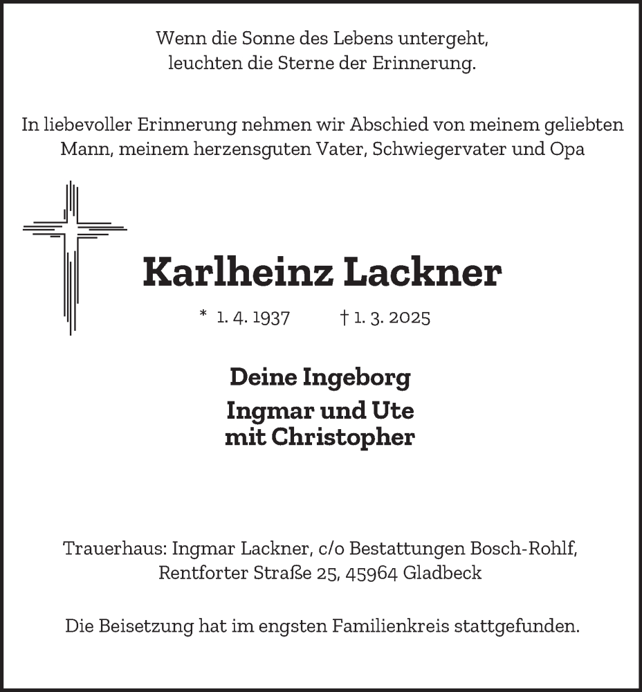  Traueranzeige für Karlheinz Lackner vom 15.03.2025 aus Tageszeitung