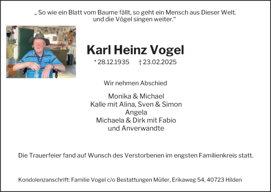 Traueranzeige von Karl Heinz Vogel von Tageszeitung