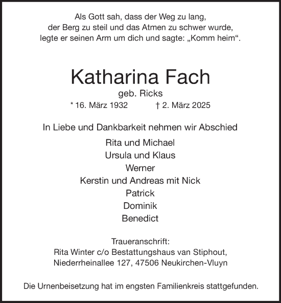 Traueranzeige von Katharina Fach von Tageszeitung