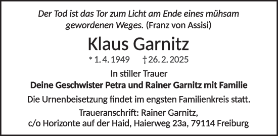 Traueranzeige von Klaus Garnitz von Tageszeitung