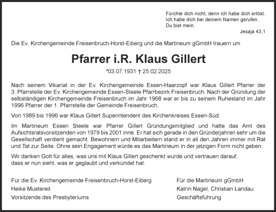 Traueranzeige von Klaus Gillert von Tageszeitung