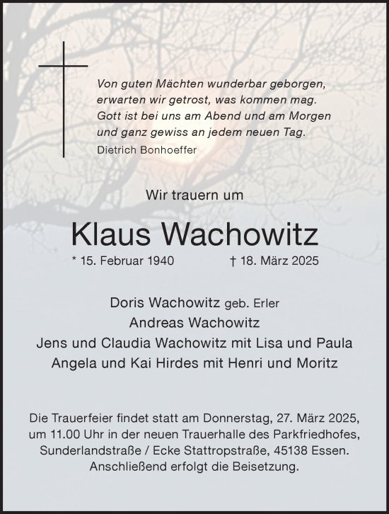 Traueranzeige von Klaus Wachowitz von Tageszeitung