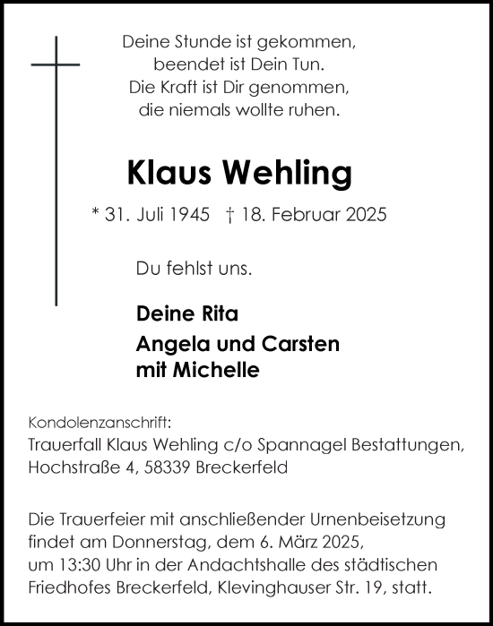 Traueranzeige von Klaus Wehling von Tageszeitung