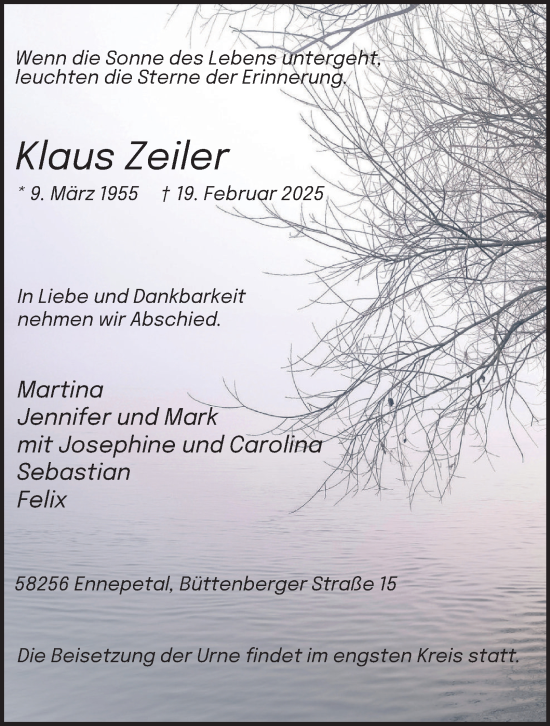 Traueranzeige von Klaus Zeiler von Tageszeitung