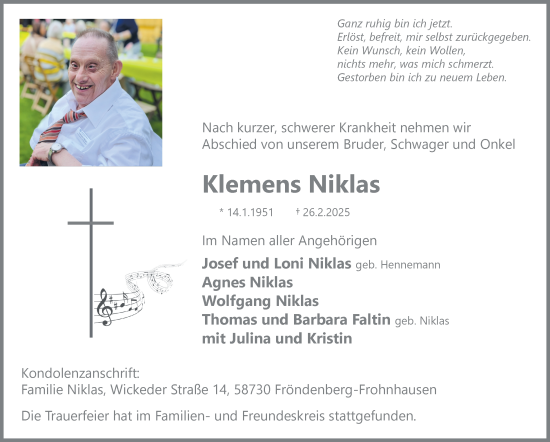 Traueranzeige von Klemens Niklas von Tageszeitung