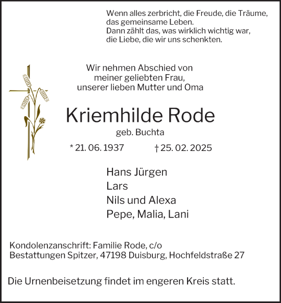 Traueranzeige von Kriemhilde Rode von Tageszeitung