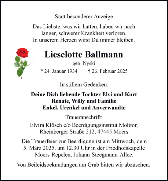 Traueranzeige von Lieselotte Ballmann von Tageszeitung