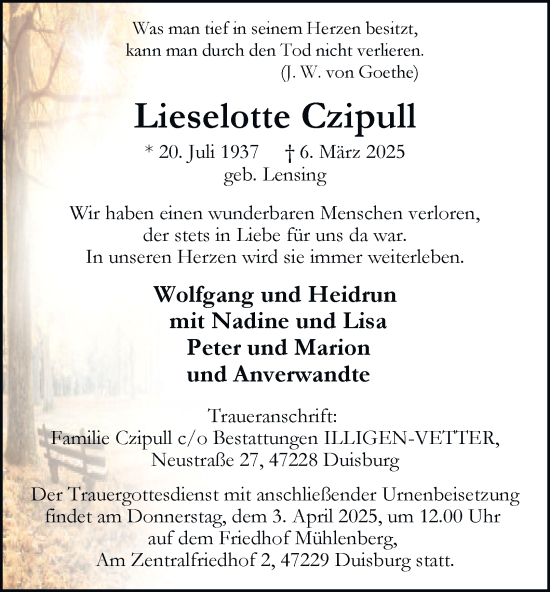Traueranzeige von Lieselotte Czipull von Tageszeitung
