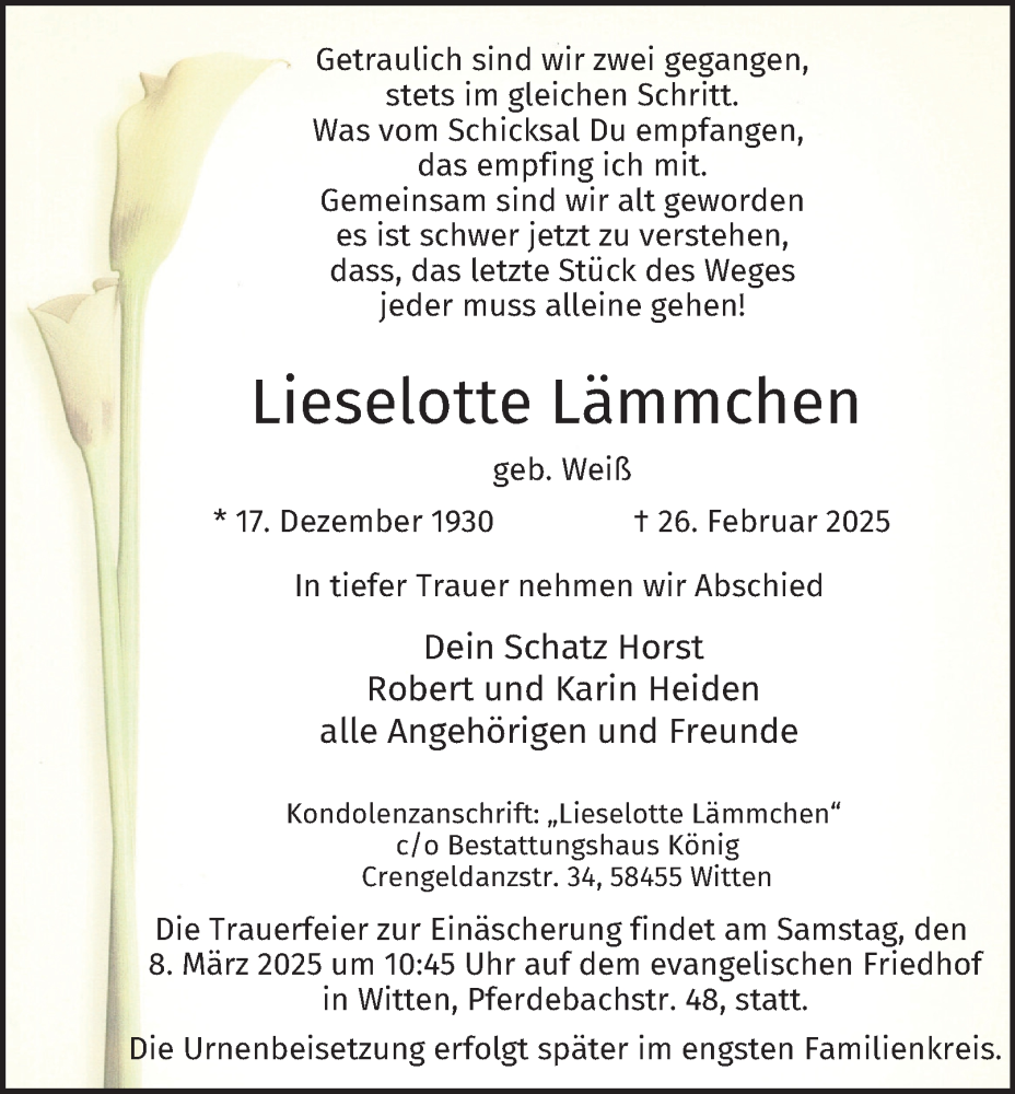  Traueranzeige für Lieselotte Lämmchen vom 05.03.2025 aus Tageszeitung