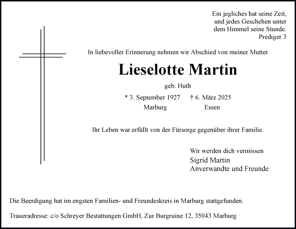  Traueranzeige für Lieselotte Martin vom 22.03.2025 aus Tageszeitung