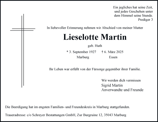 Traueranzeige von Lieselotte Martin von Tageszeitung