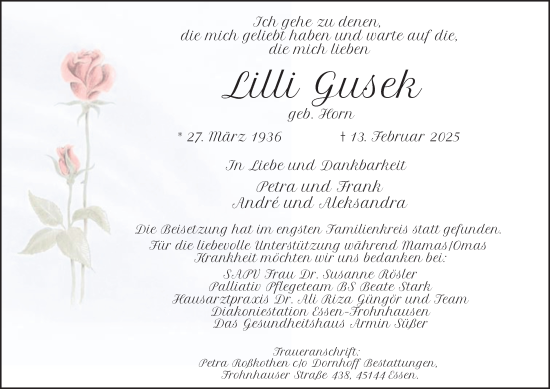Traueranzeige von Lilli Gusek von Tageszeitung