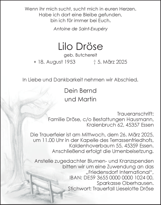 Traueranzeige von Lilo Dröse von Tageszeitung