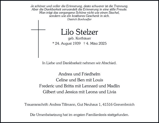 Traueranzeige von Lilo Stelzer von Tageszeitung
